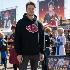 Naruto Shippuden Akatsuki Red Cloud Graphic Hooded Pullover Sweatshirt-Size Lg